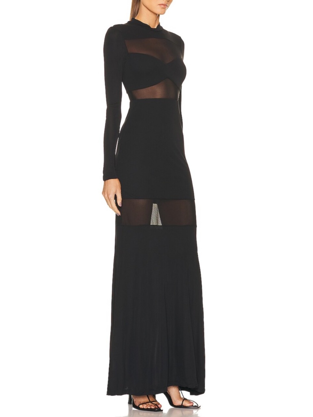 STAUD Black Long-Sleeve Sheer-Panel Maxi Dress
